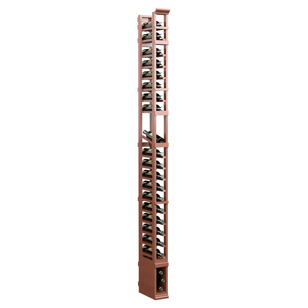 8-ft 1-column display rack with warm reddish wood side panel and angled shelf slots