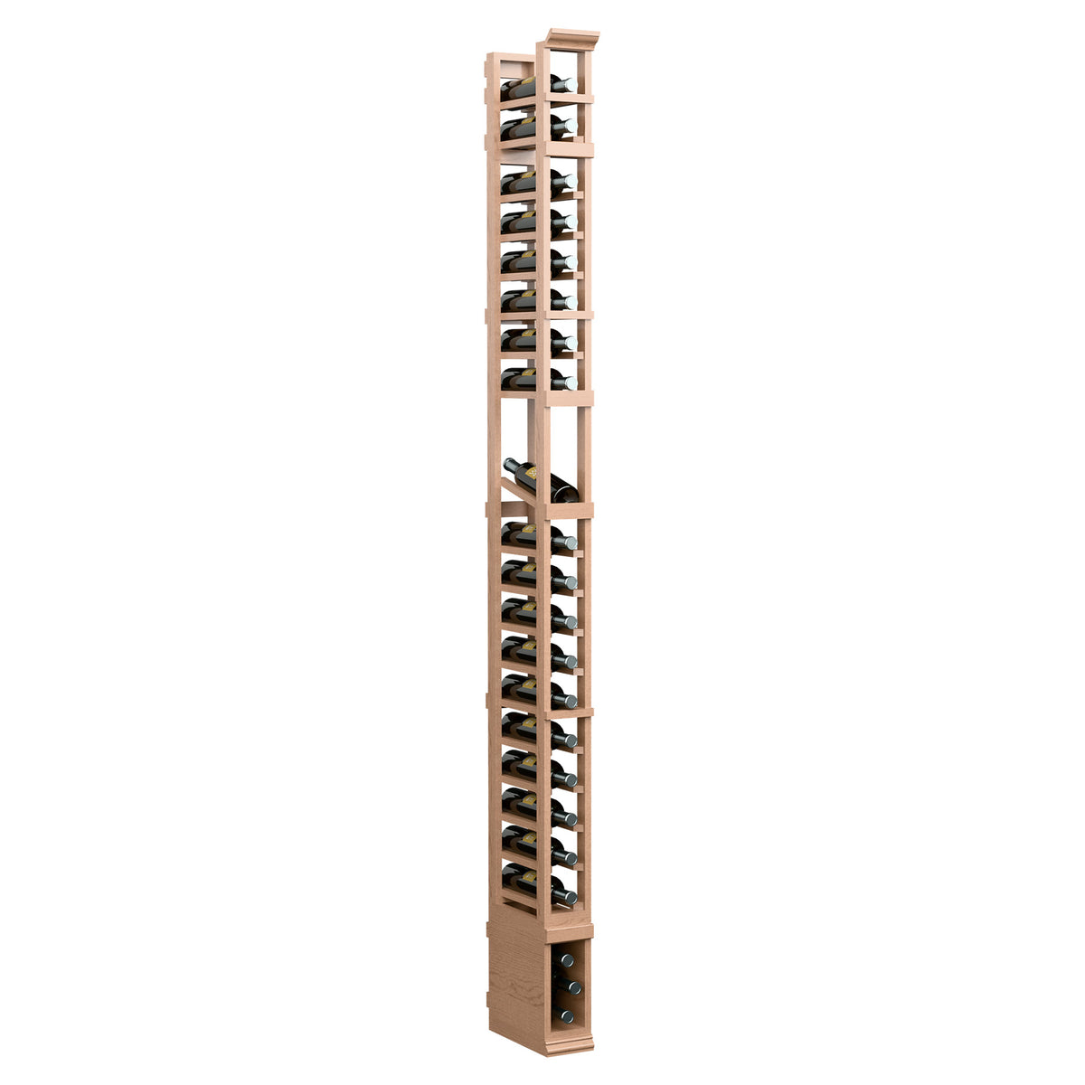 8-ft 1-column display rack with pale wood frame, narrow back, and angled shelf slots