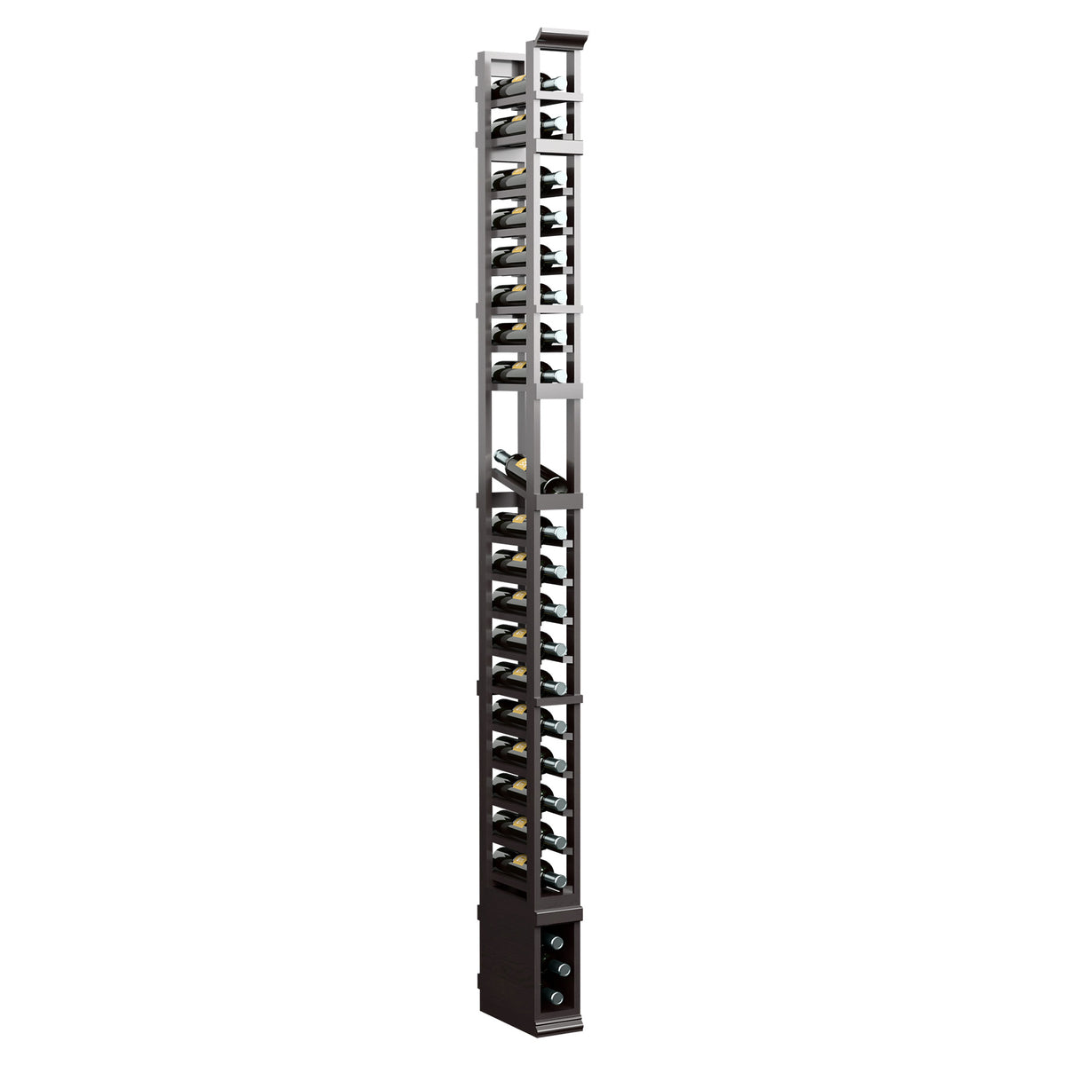 8-ft 1-column display rack with dark frame, vertical shelf row details, and base plate