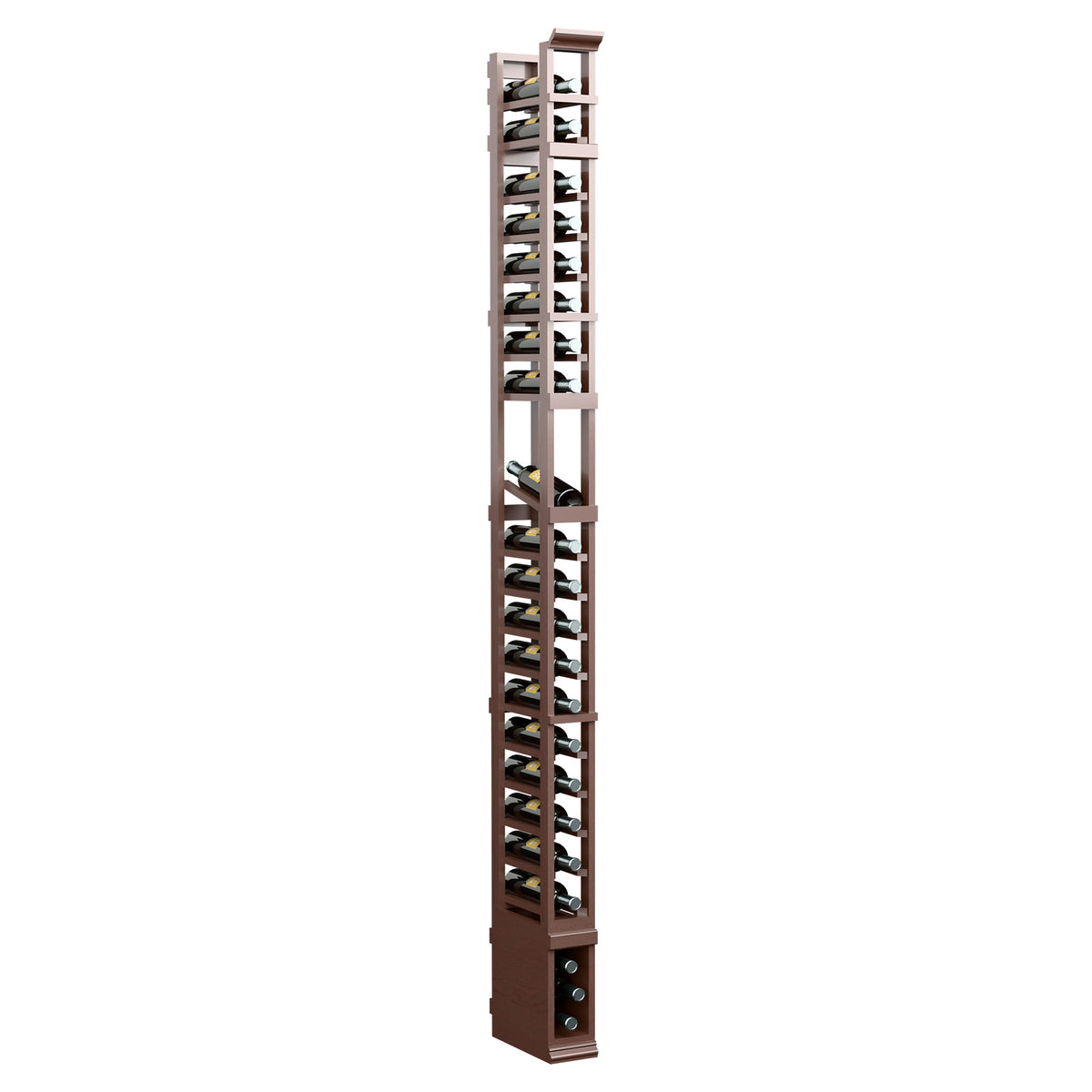 1-column display rack, side view with stacked shelves and dark wood frame