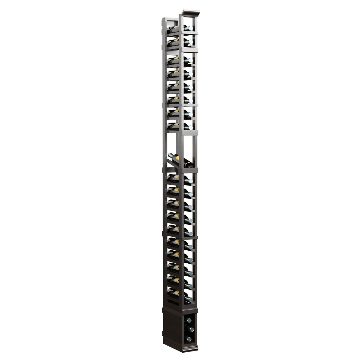 8-ft 1-column display rack with dark wood base and vertical metal shelves