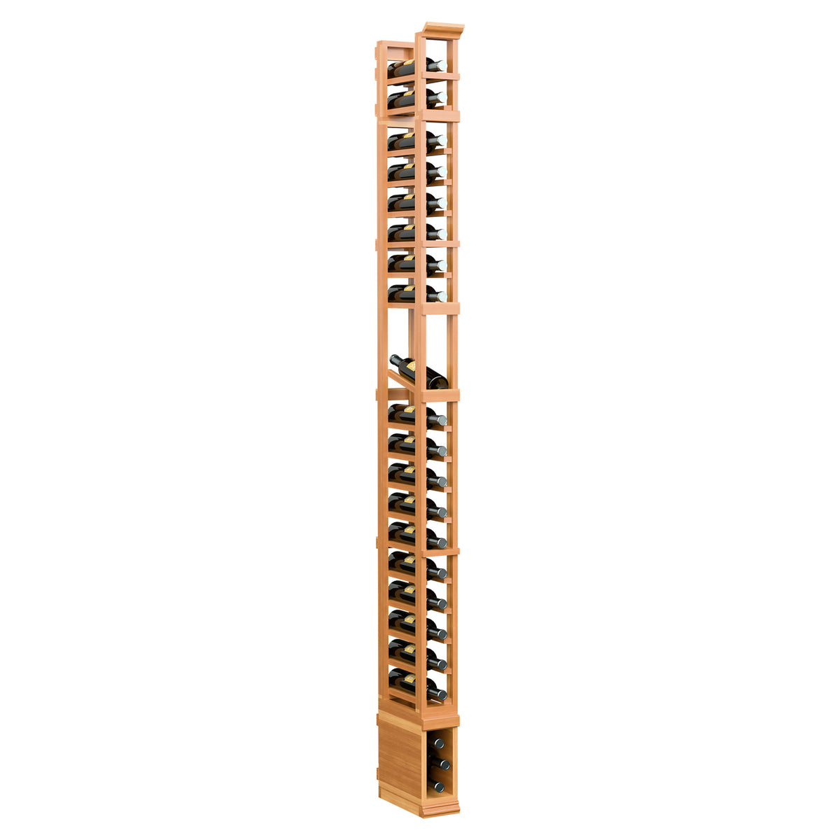 1-column shoe display rack in warm wood with vertical tiers and metal peg supports.