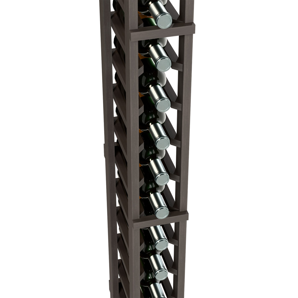 One-column wine rack detail showing bottle neck positions and dark frame