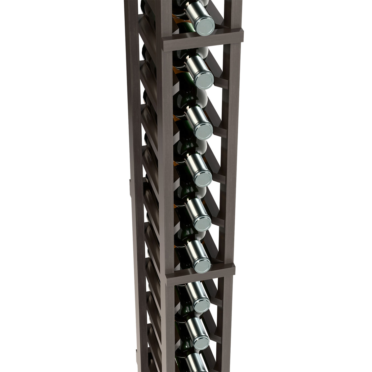 One-column wine rack close-up with bottle row slots and dark framework