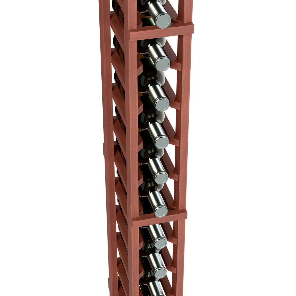 One-column wine rack detail showing bottle compartments in red wood frame
