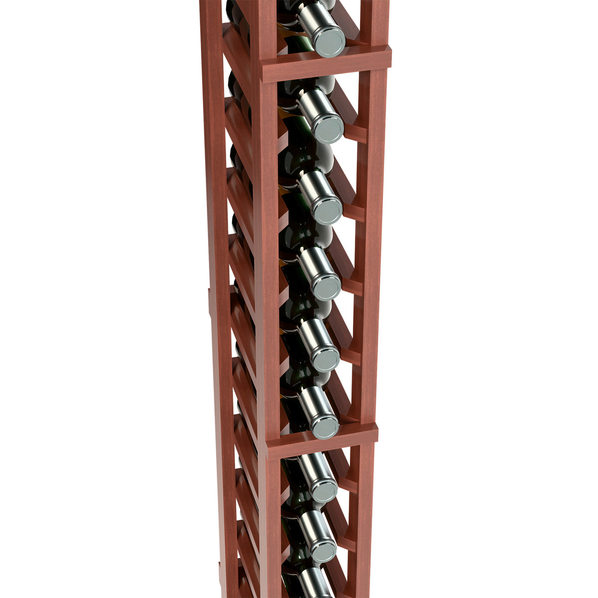 One-column wine rack close-up with bottle rows and reddish frame