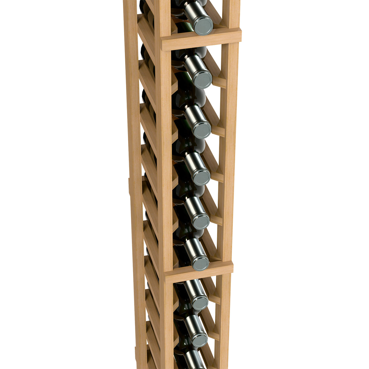 One-column wine rack detail showing bottle neck slots in light wood frame
