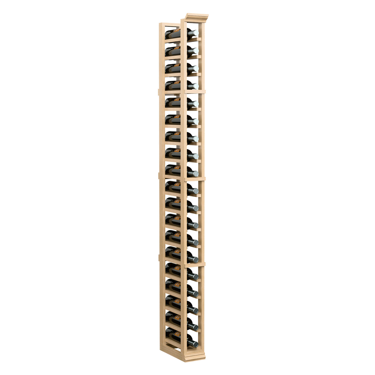 Single-column wine bottle rack with open slots, light wood frame, 6-ft height