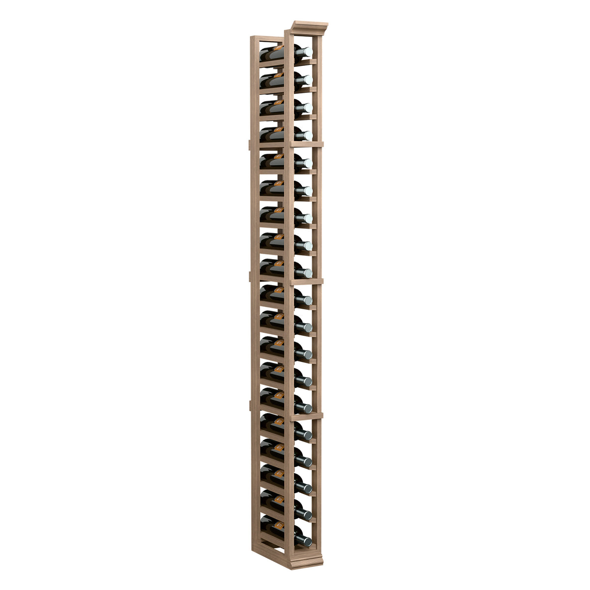 Single-column wine bottle rack with tall light wood frame and bottle slots
