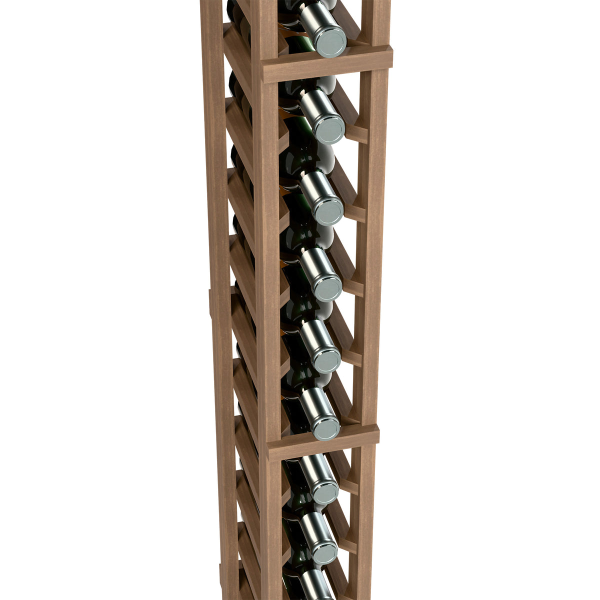 Single-column wine rack close-up: bottle holders in light wood ladder frame
