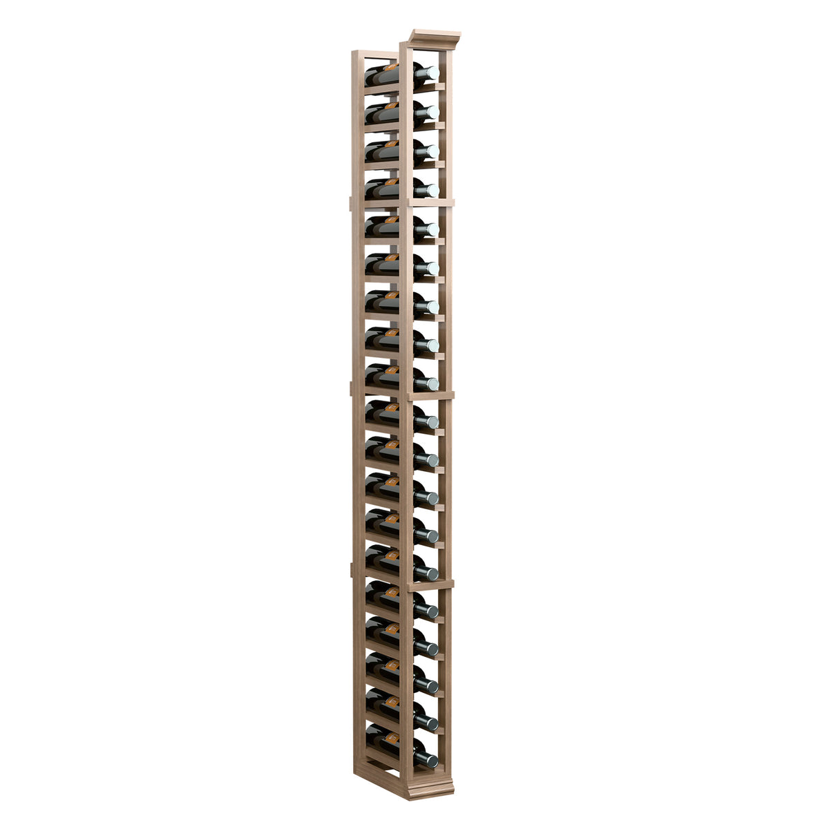 Single-column wine bottle rack with tall wooden frame and bottle storage slots