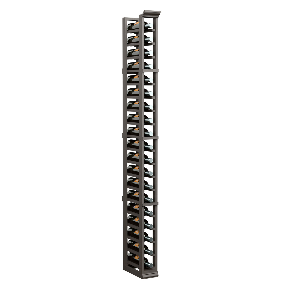 Single-column wine bottle rack with dark gray wooden frame and bottle slots