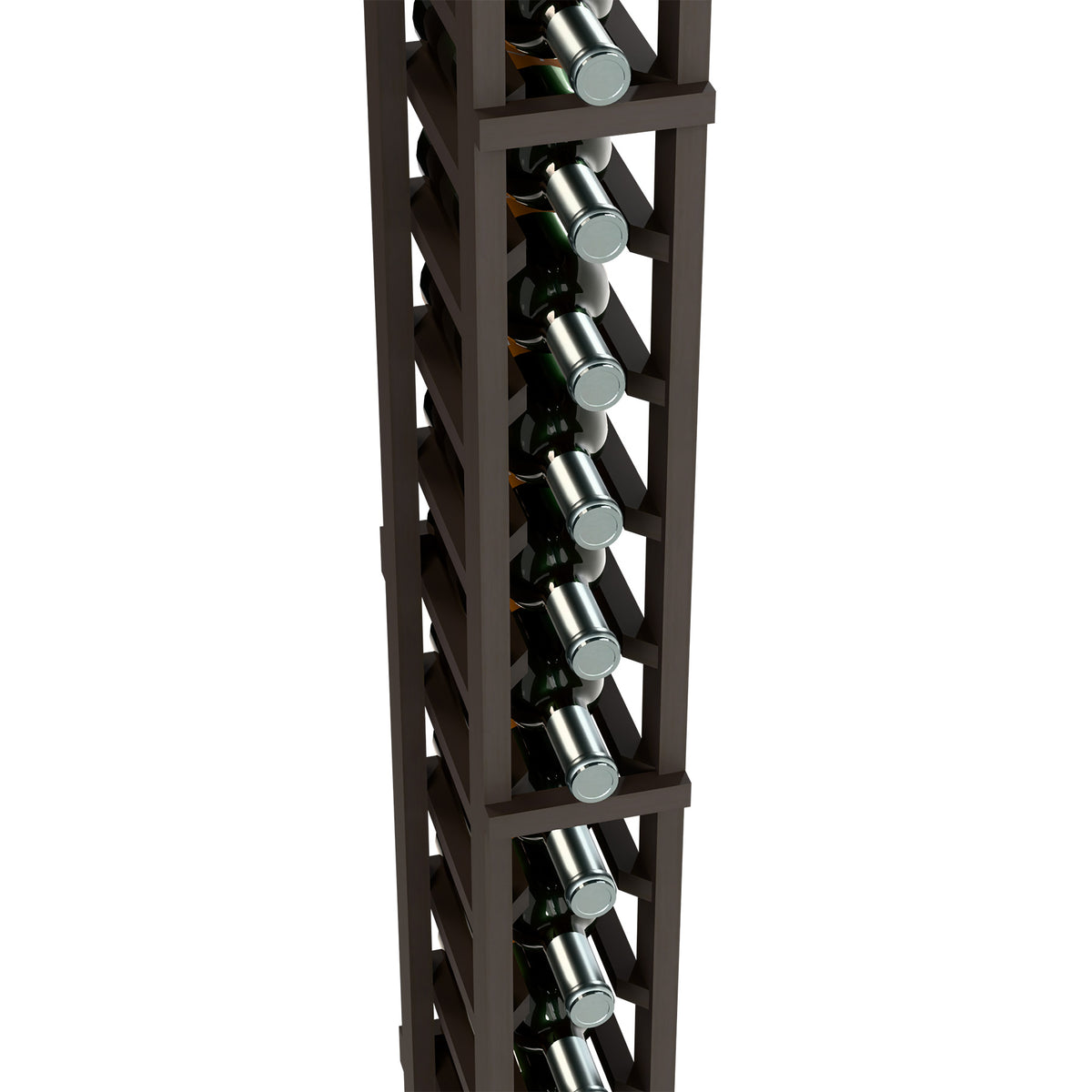 Single-column wine rack close-up: bottle holders in dark gray wooden grid