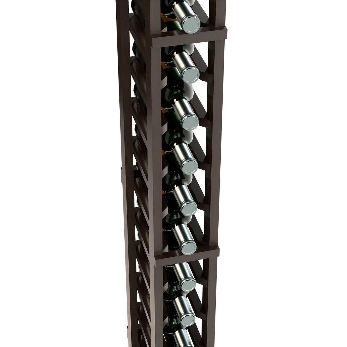 Single-column wine rack close-up: bottle holders in dark wooden ladder frame