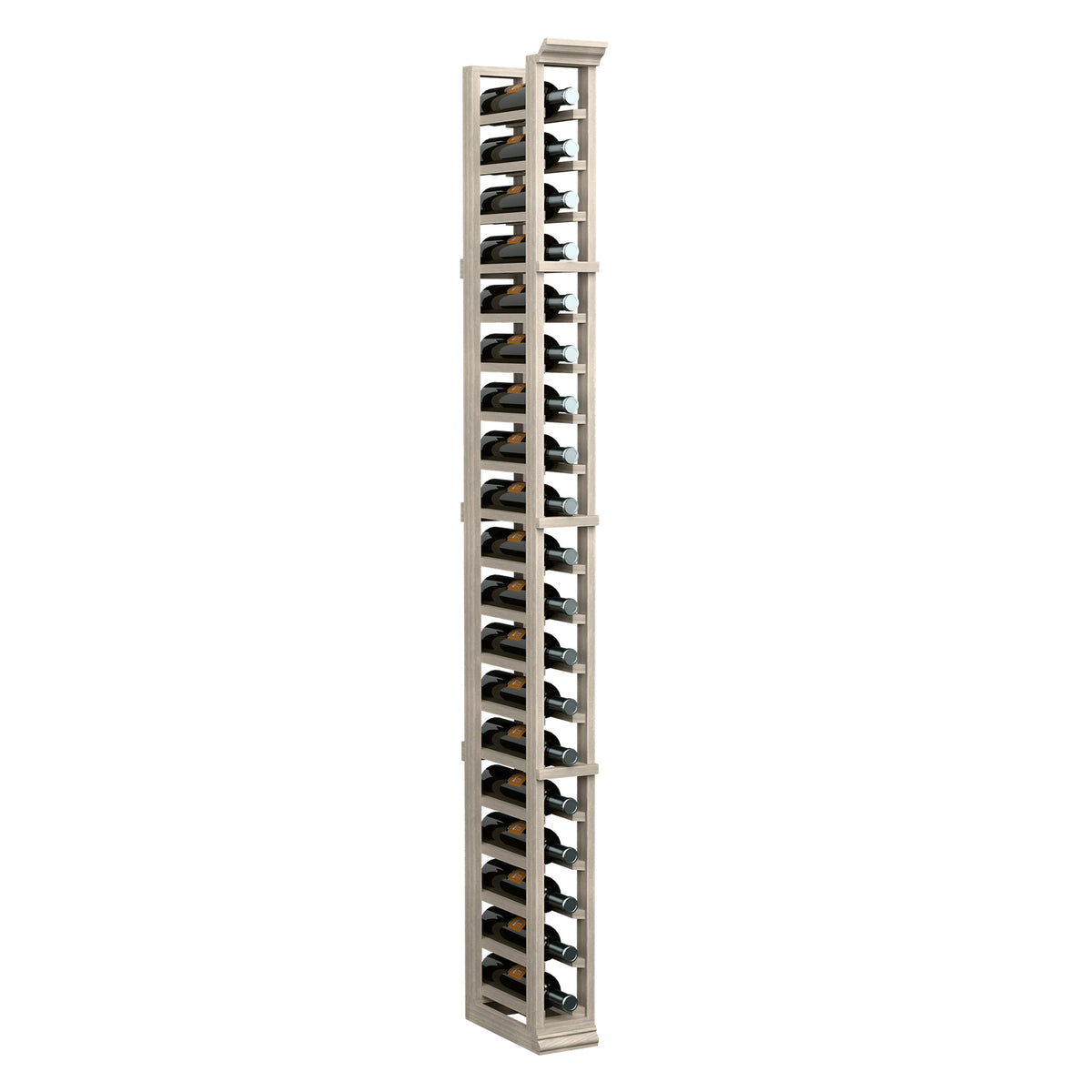 Single-column wine bottle rack with dark holders and light wood frame
