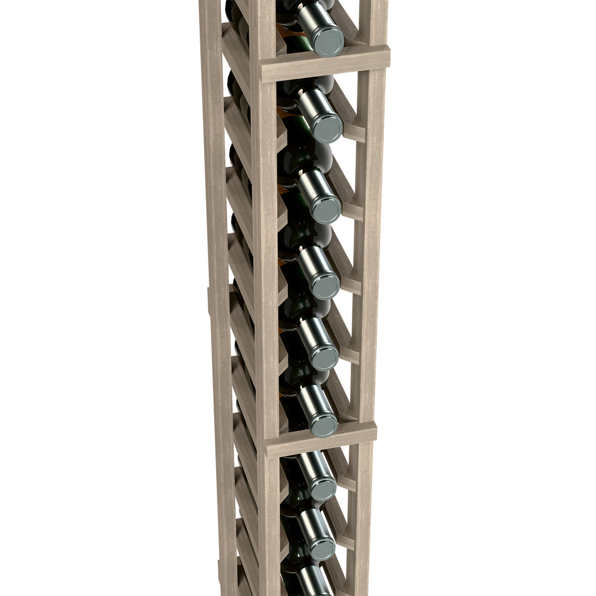 Single-column wine bottle rack close-up of dark bottle holders in light wood