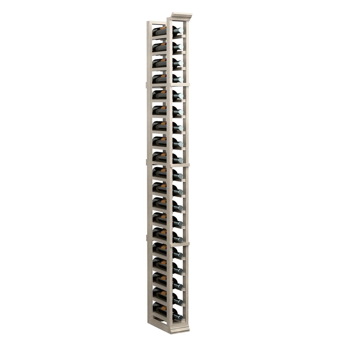 Single-column wine bottle rack with dark bottle holders, tall light wood frame