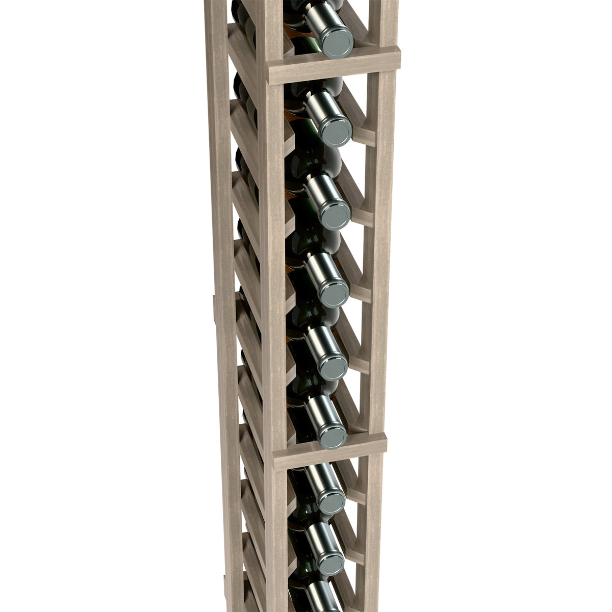 Single-column wine bottle rack close-up of bottle slots and light wood frame