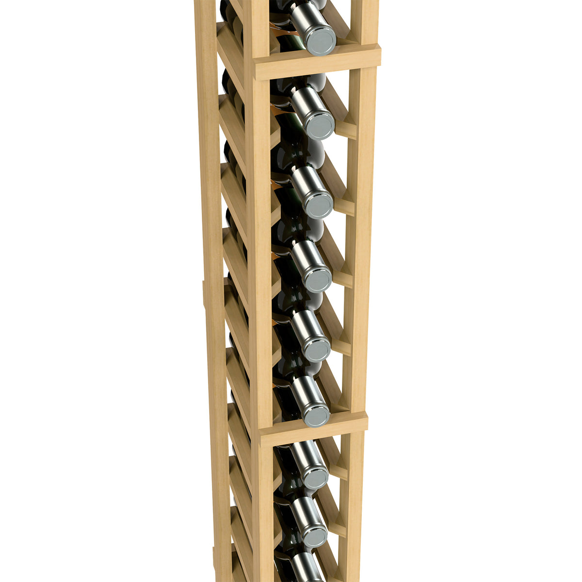Single-column wine bottle rack close-up of dark bottle holders in natural wood