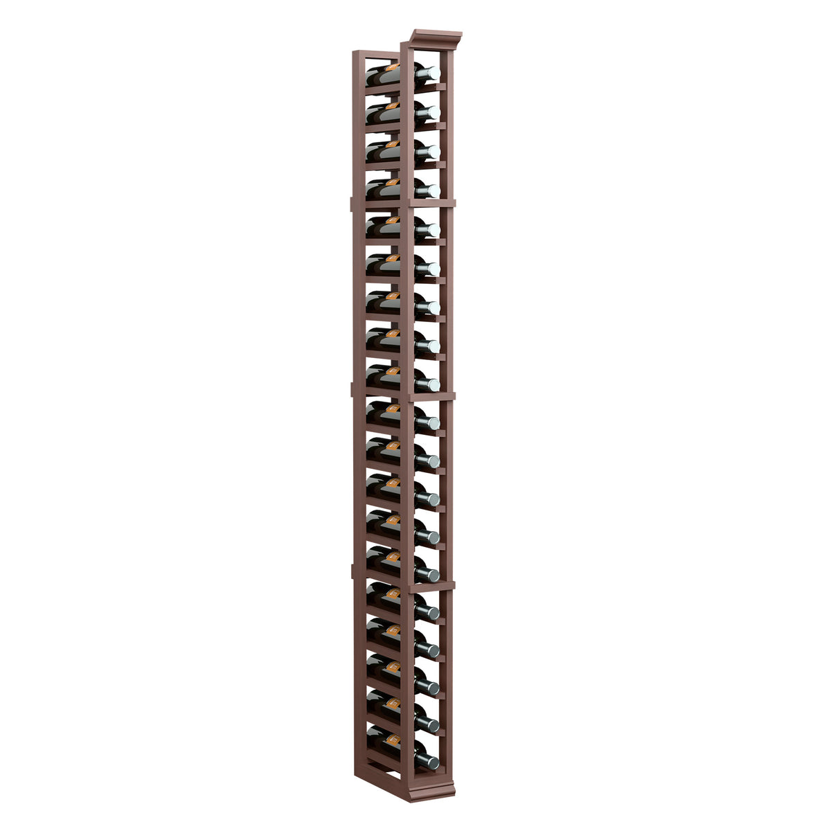 Single-column wine bottle rack with dark holders and dark wood frame