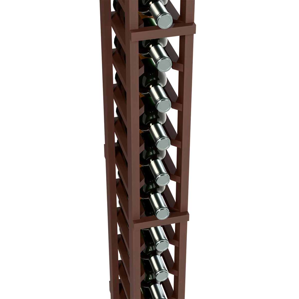 Single-column wine bottle rack close-up of dark bottle holders in dark wood