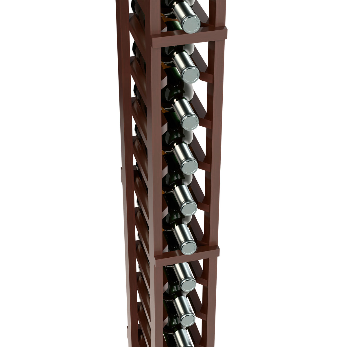Single-column wine bottle rack detail: wooden dividers with black bottles and metal caps
