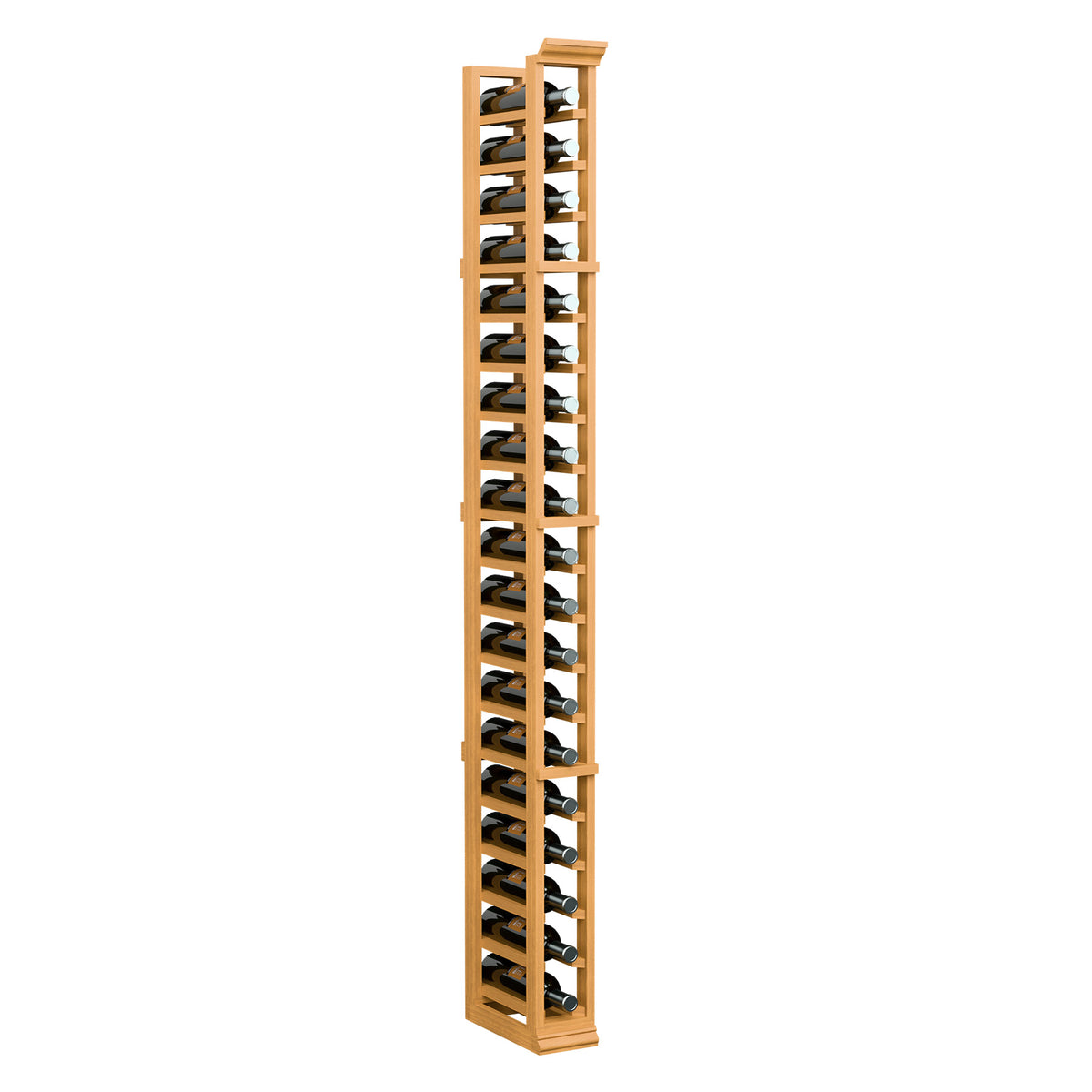6ft single-column wine bottle rack with light wood frame and black bottle holders
