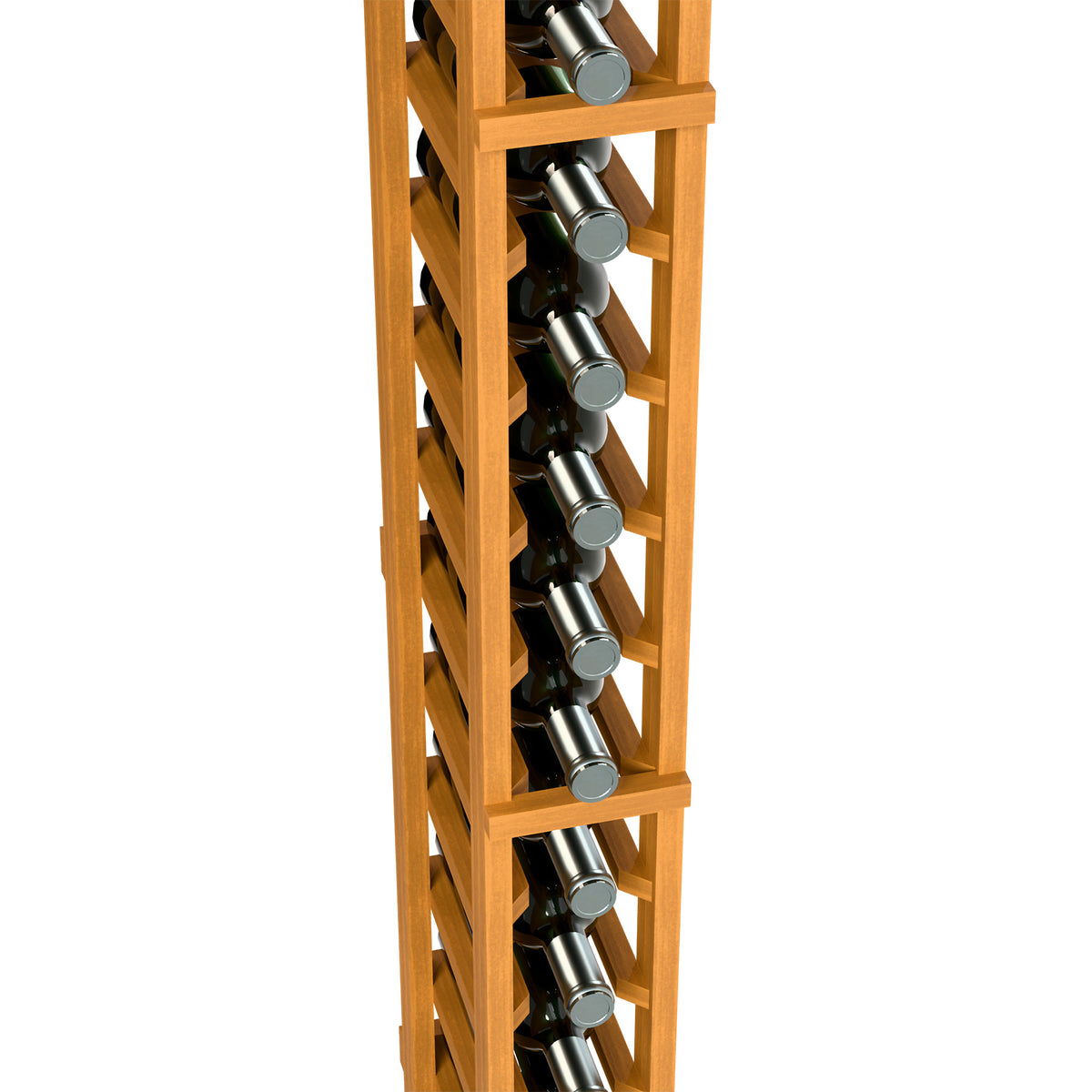 Single-column wine bottle rack close-up: light wood frame with black bottles and silver tops