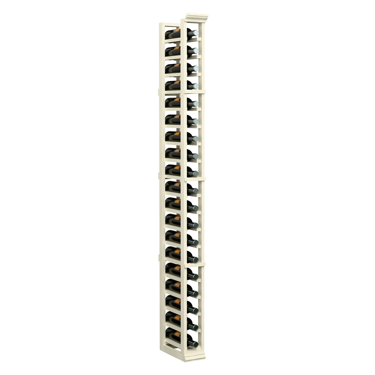6ft single-column wine bottle rack with whitewashed wood frame and black bottle holders