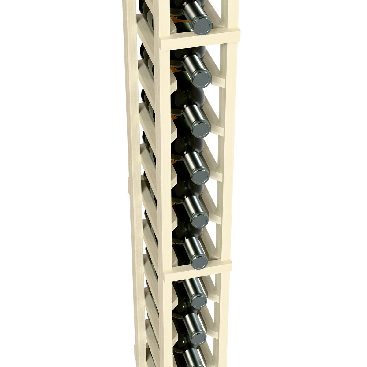 Single-column wine bottle rack detail: white wood frame with black bottles and silver caps