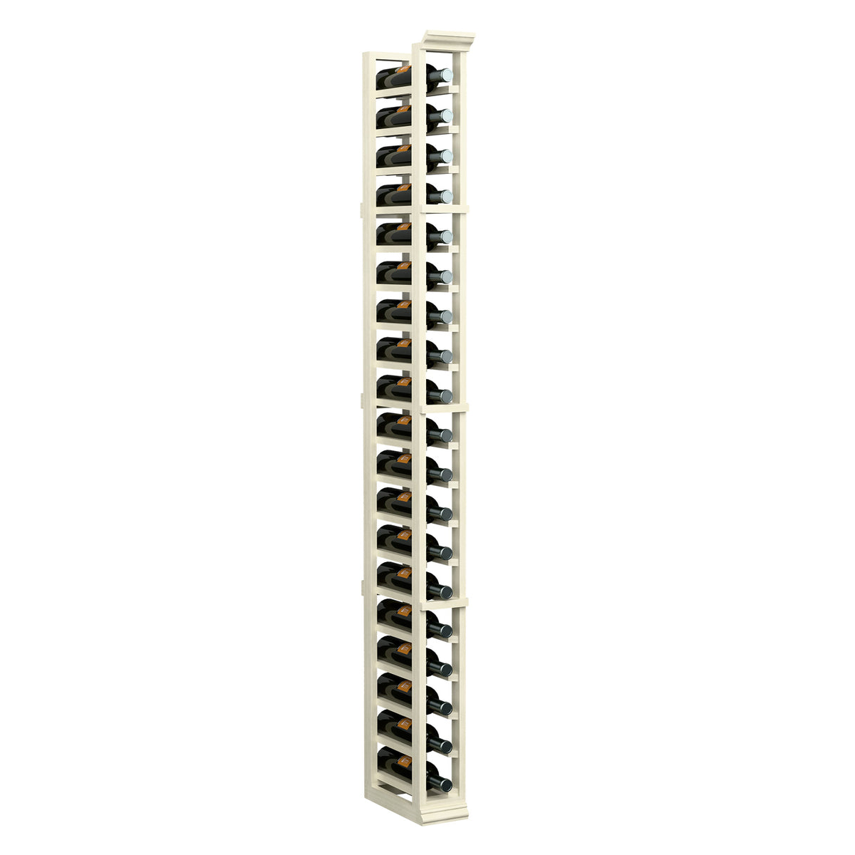 6ft single-column wine bottle rack with white wood frame and black bottle holders, side view