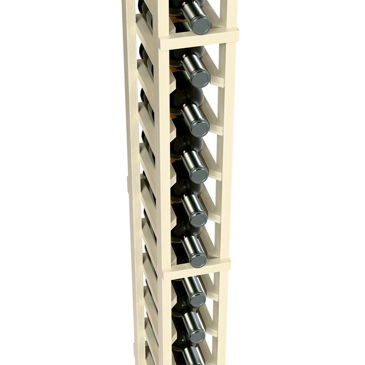 White single-column wine bottle rack close-up: white dividers, black bottles, silver tops