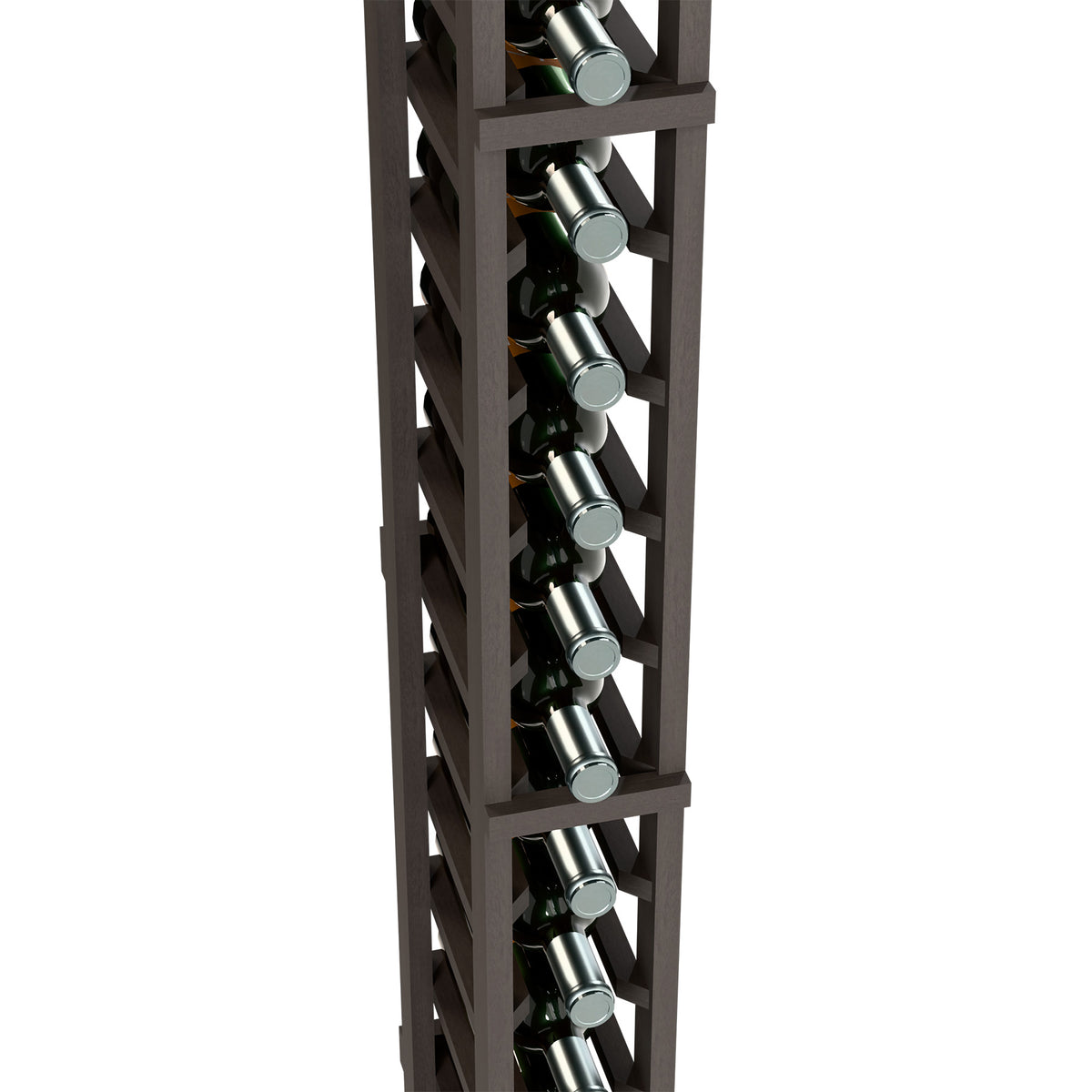 Close-up of dark wine bottle storage rack showing bottle necks in metal holders
