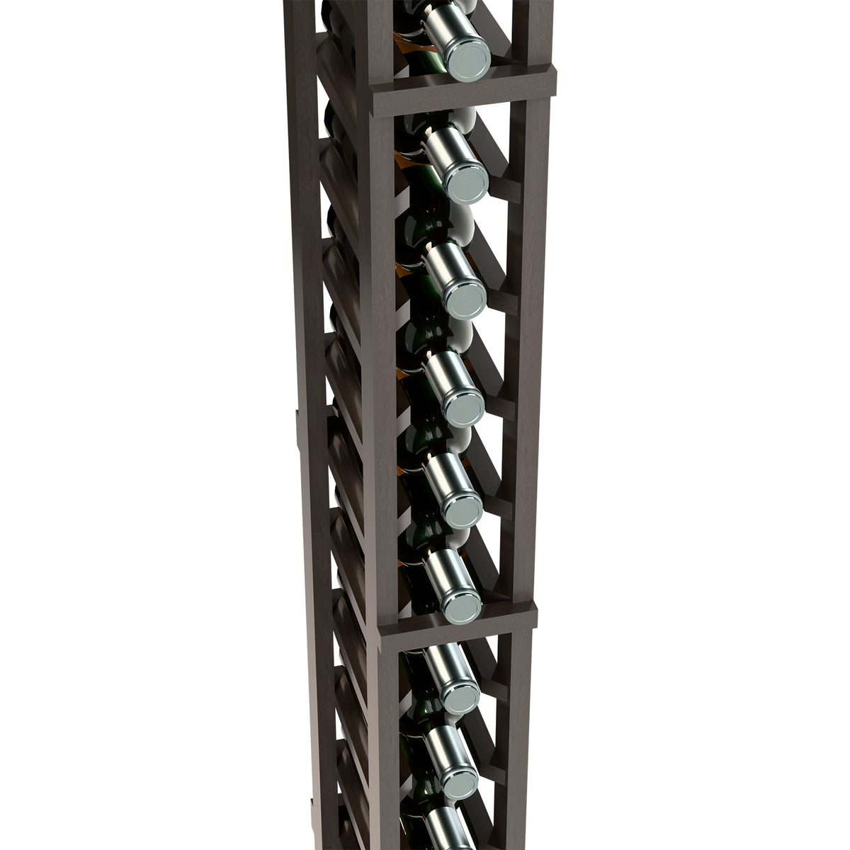 Close-up of dark wine rack interior with bottle holders and angled bottle openings