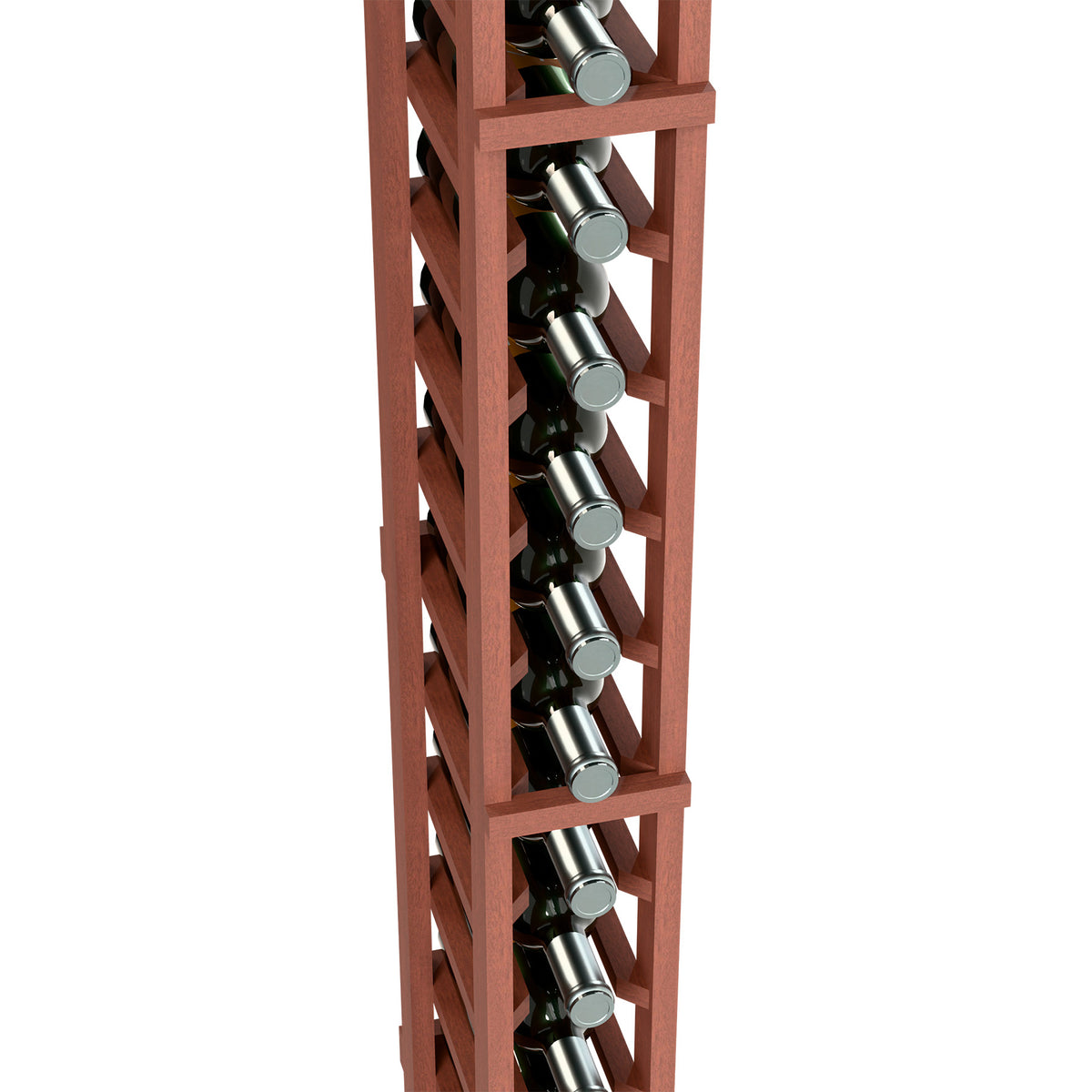 Close-up of reddish wine bottle rack with bottle necks seated in metal holders