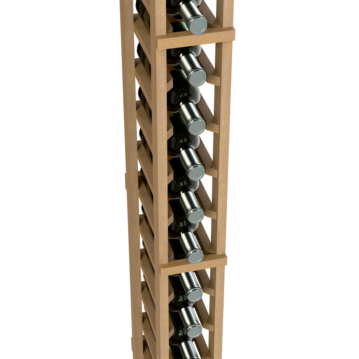 Close-up of light wine bottle rack showing bottle necks in metal holders