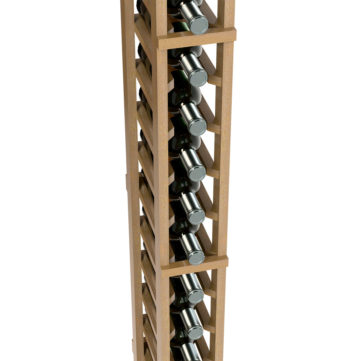 Close-up of one-column wine bottle rack with light wood dividers and silver bottle necks