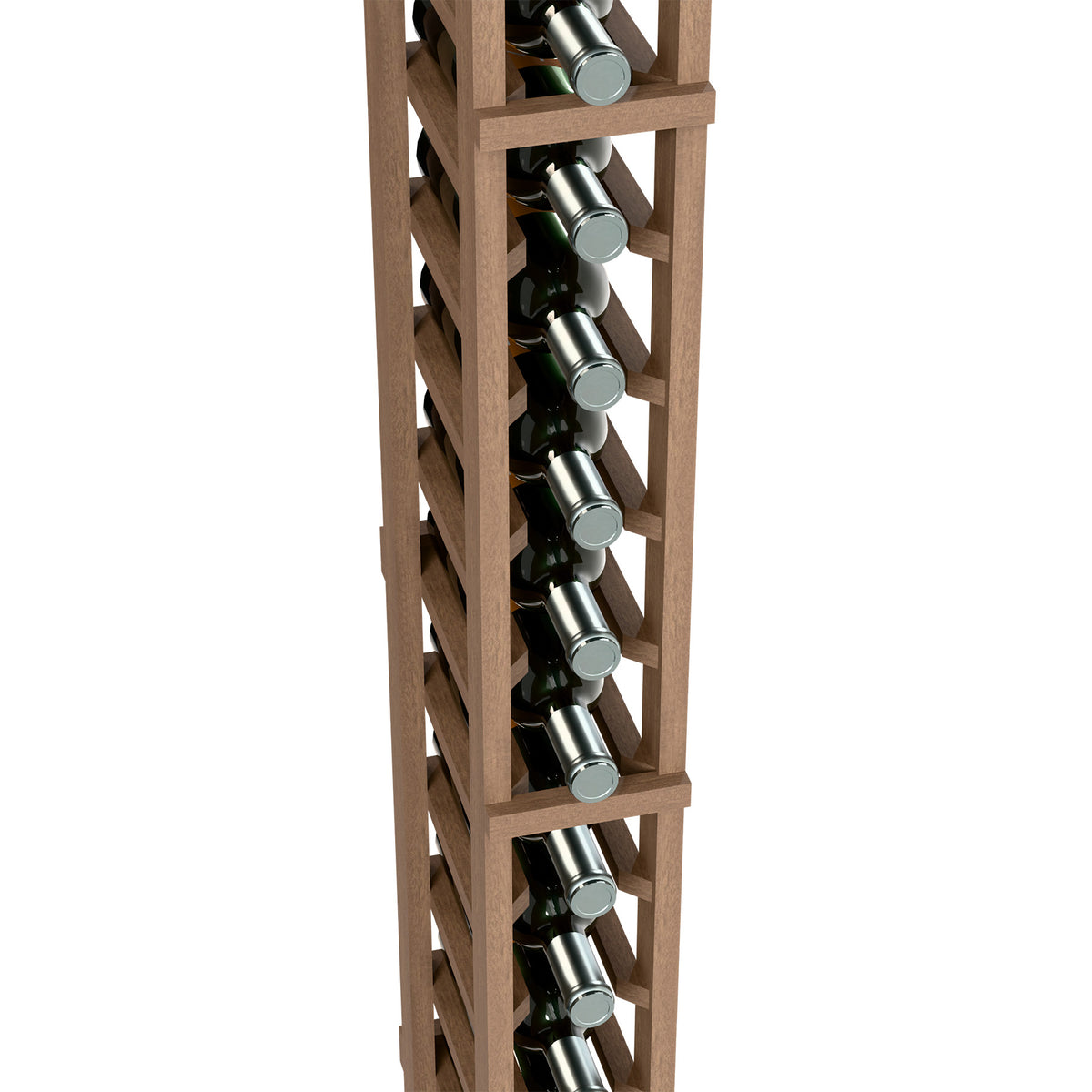 Close-up of one-column wine bottle rack showing light wood frame and silver bottle necks