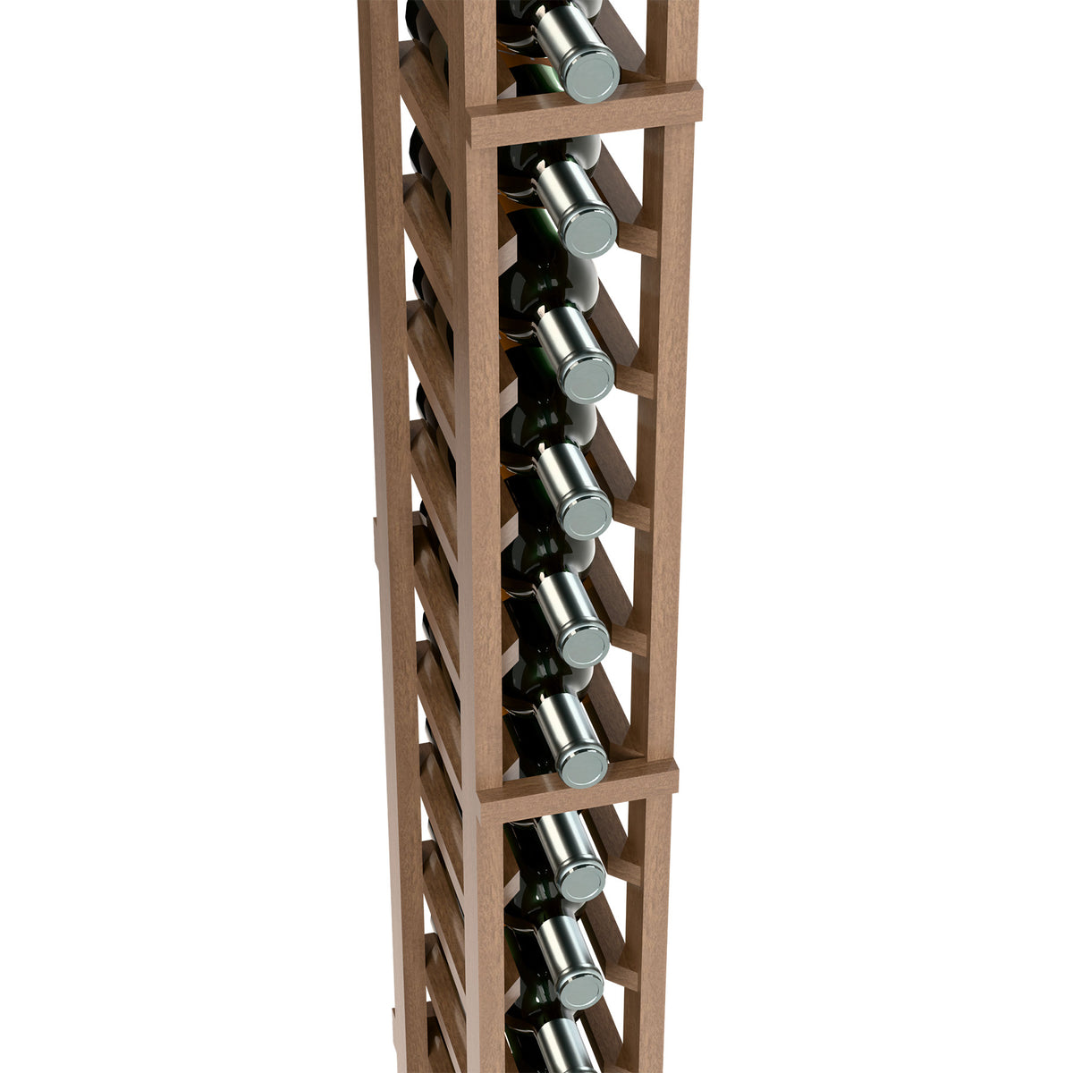 Close-up of one-column wine bottle rack with light wood slats and bottle holder tubes