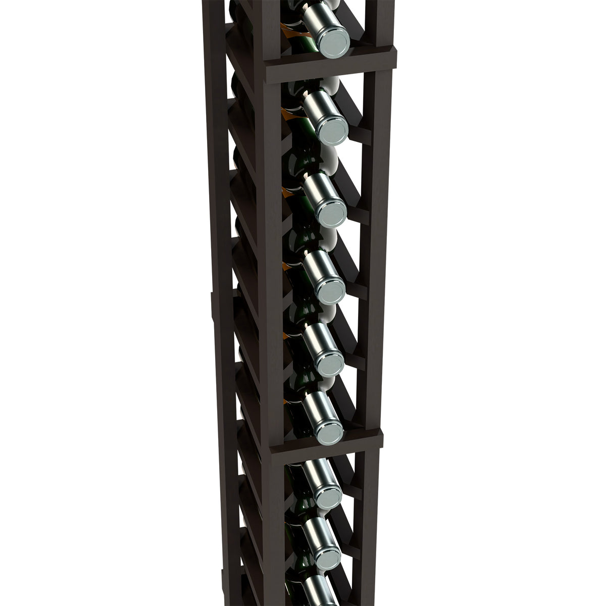 Close-up of one-column wine bottle rack with dark wood dividers and silver bottle necks