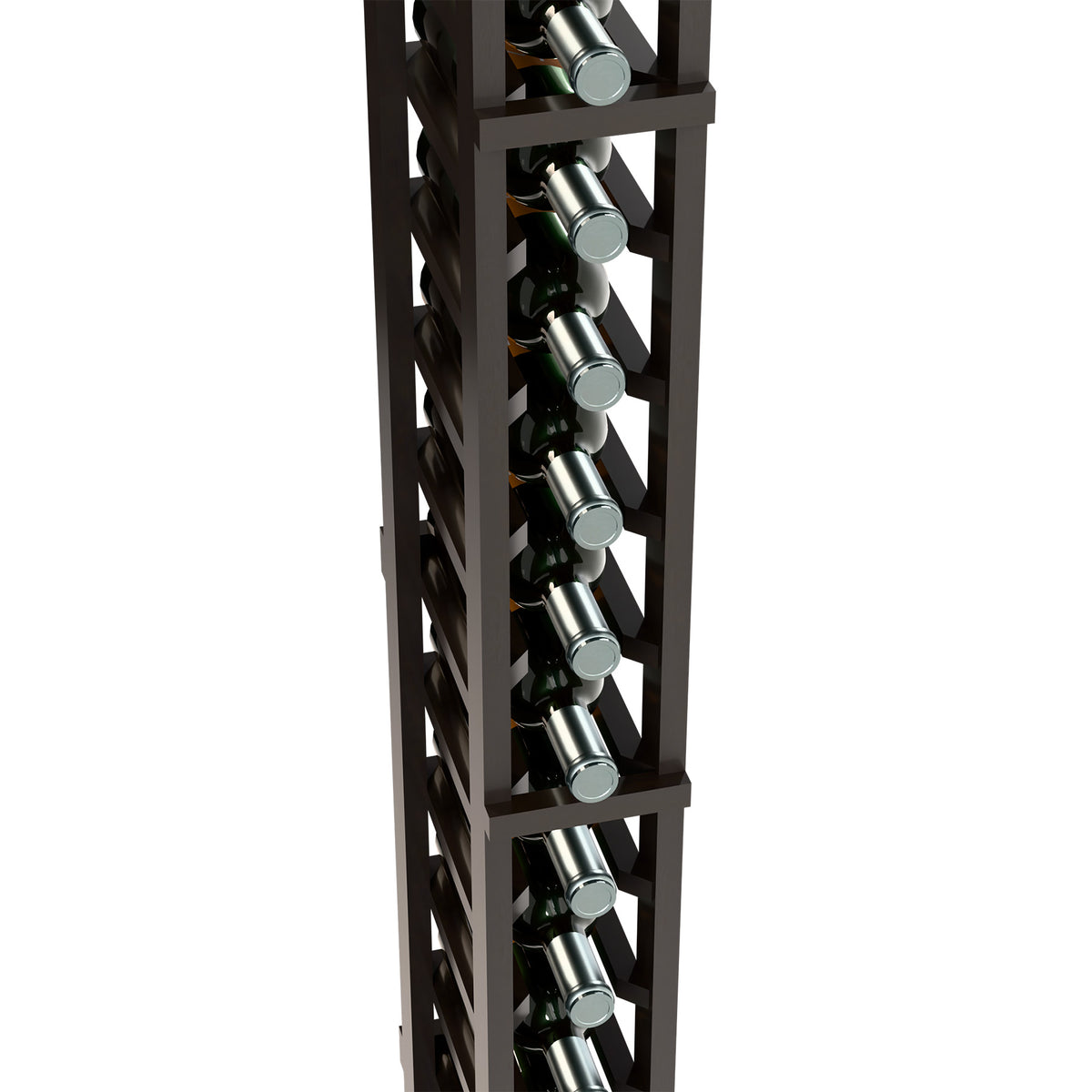 Close-up of one-column wine bottle rack showing dark wood frame and silver bottle necks