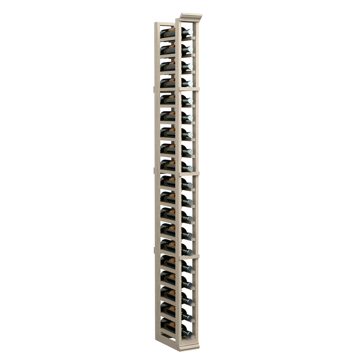 6 ft single column wine bottle rack with black bottle slots and light wood frame