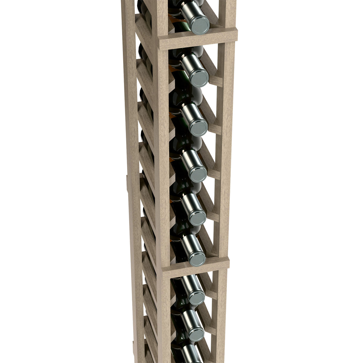 Detail view of single column wine bottle rack with metal caps and light wood grid frame