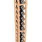 Close-up of single column wine bottle rack with metal bottle holders in pale wood frame