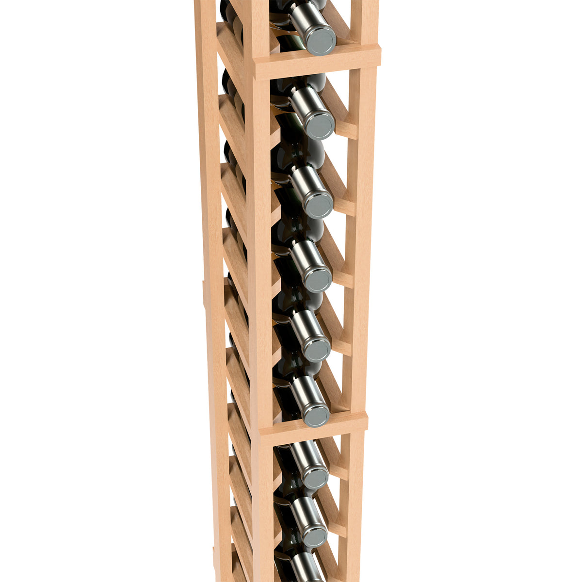 Detail view of single column wine bottle rack with metal bottle holders in pale wood frame