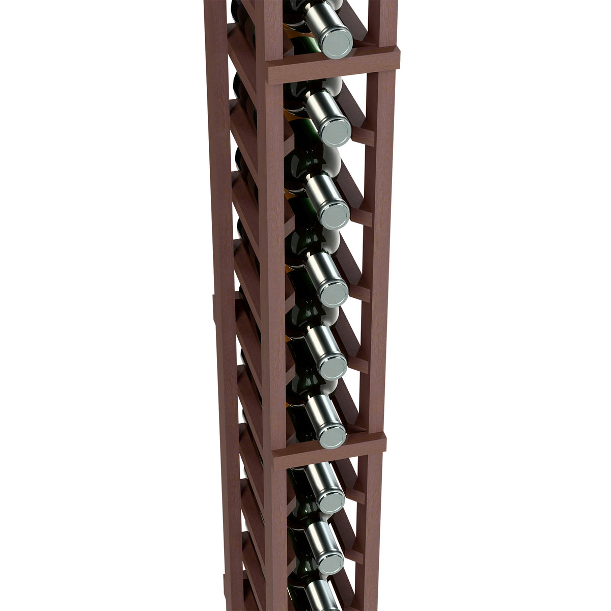 Close-up of single column wine bottle rack with metal holders in brown wood grid frame
