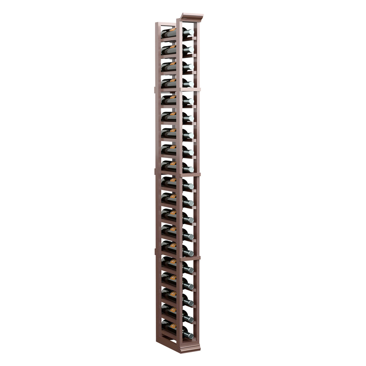 Dark wood 1-column wine bottle rack with rows of horizontal bottle holders