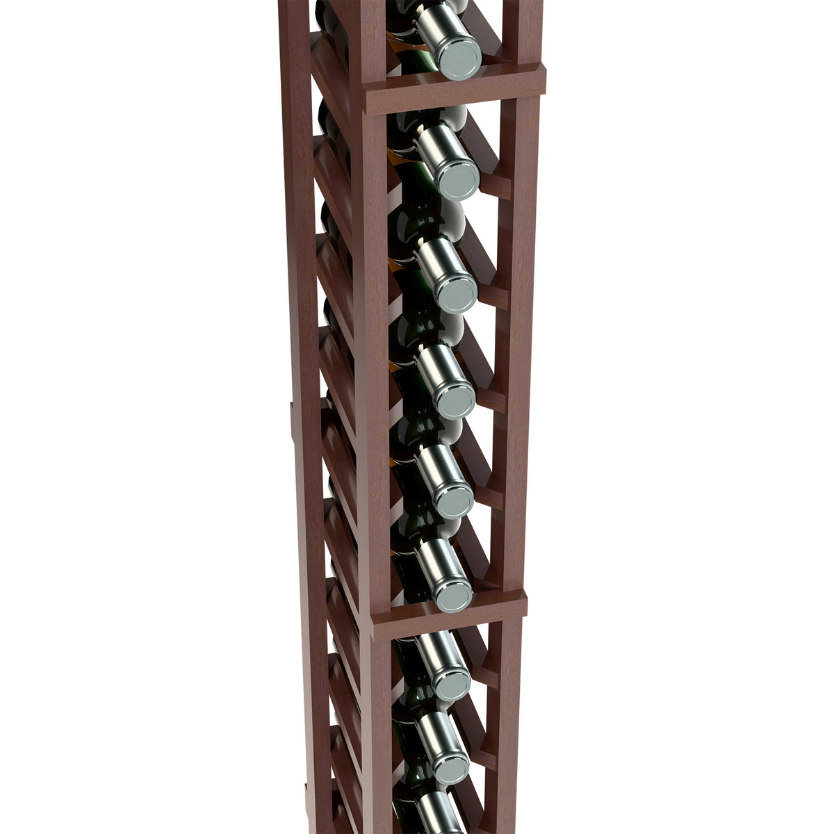 Dark wood wine rack corner view with bottle neck holders and metal bottle caps
