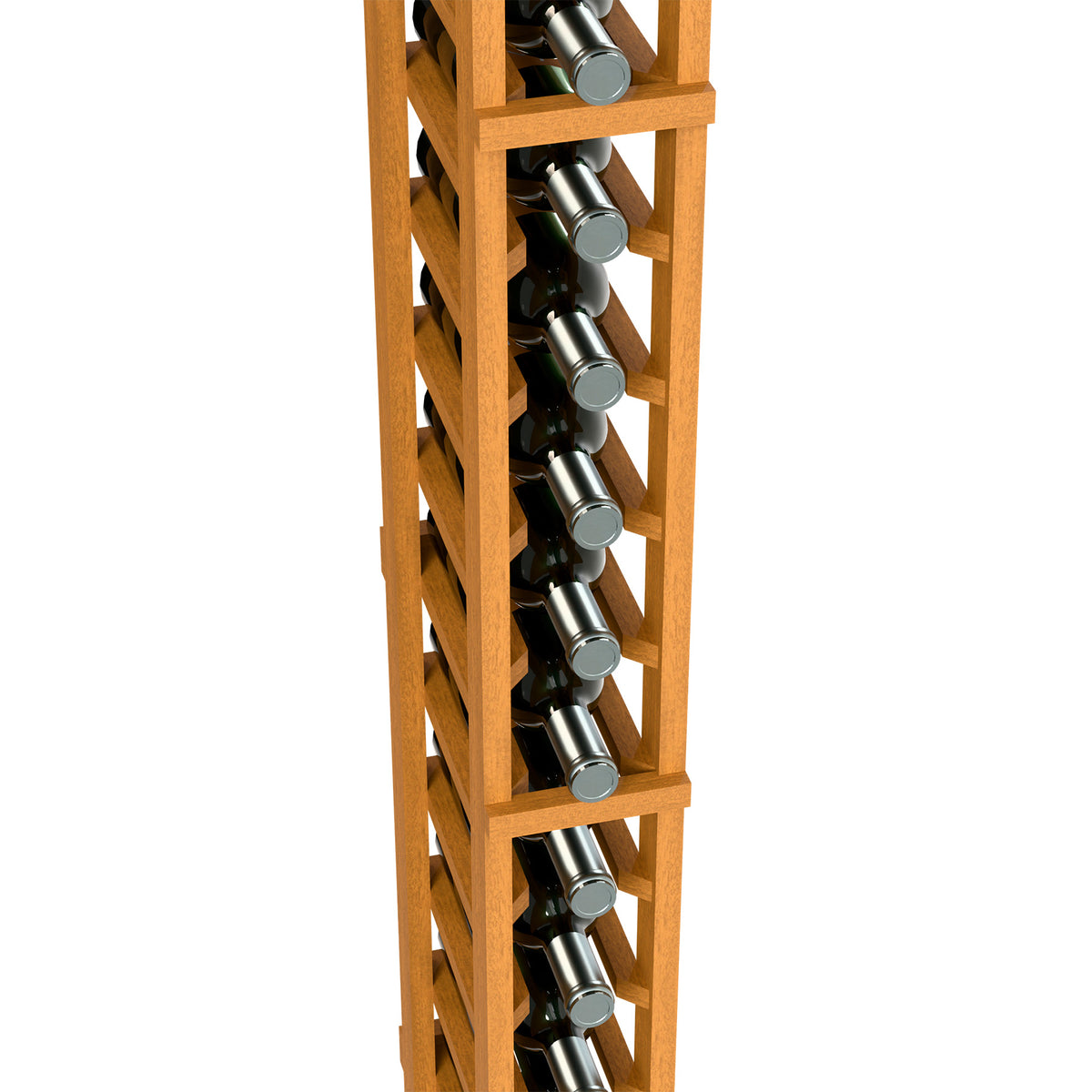 Light wood wine rack detail with bottle neck holders and silver-toned caps