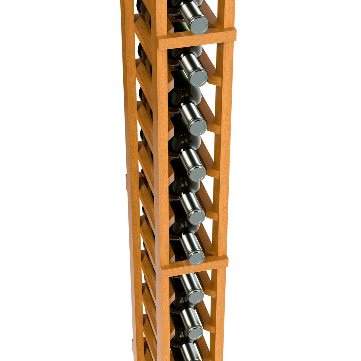 Light wood wine bottle rack close-up showing rows of bottle holders and caps